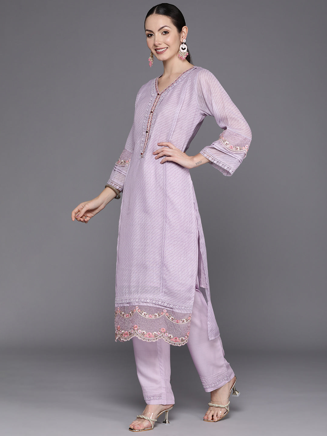 Indo Era Lavender Embroidered Straight Kurta Trousers With Dupatta Set | Grocsy