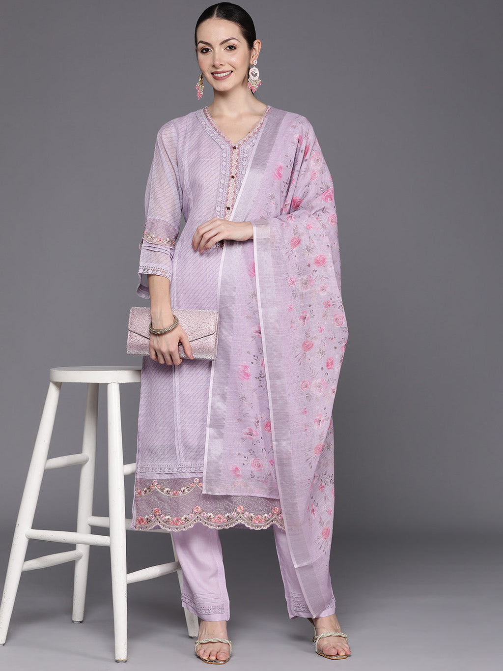 Indo Era Lavender Embroidered Straight Kurta Trousers With Dupatta Set | Grocsy