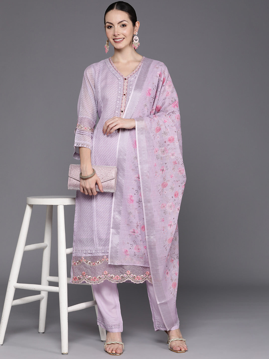 Indo Era Lavender Embroidered Straight Kurta Trousers With Dupatta Set | Grocsy