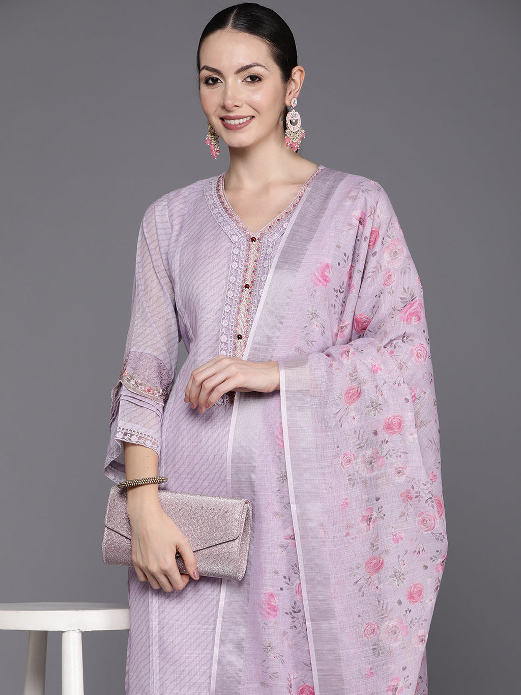 Indo Era Lavender Embroidered Straight Kurta Trousers With Dupatta Set | Grocsy