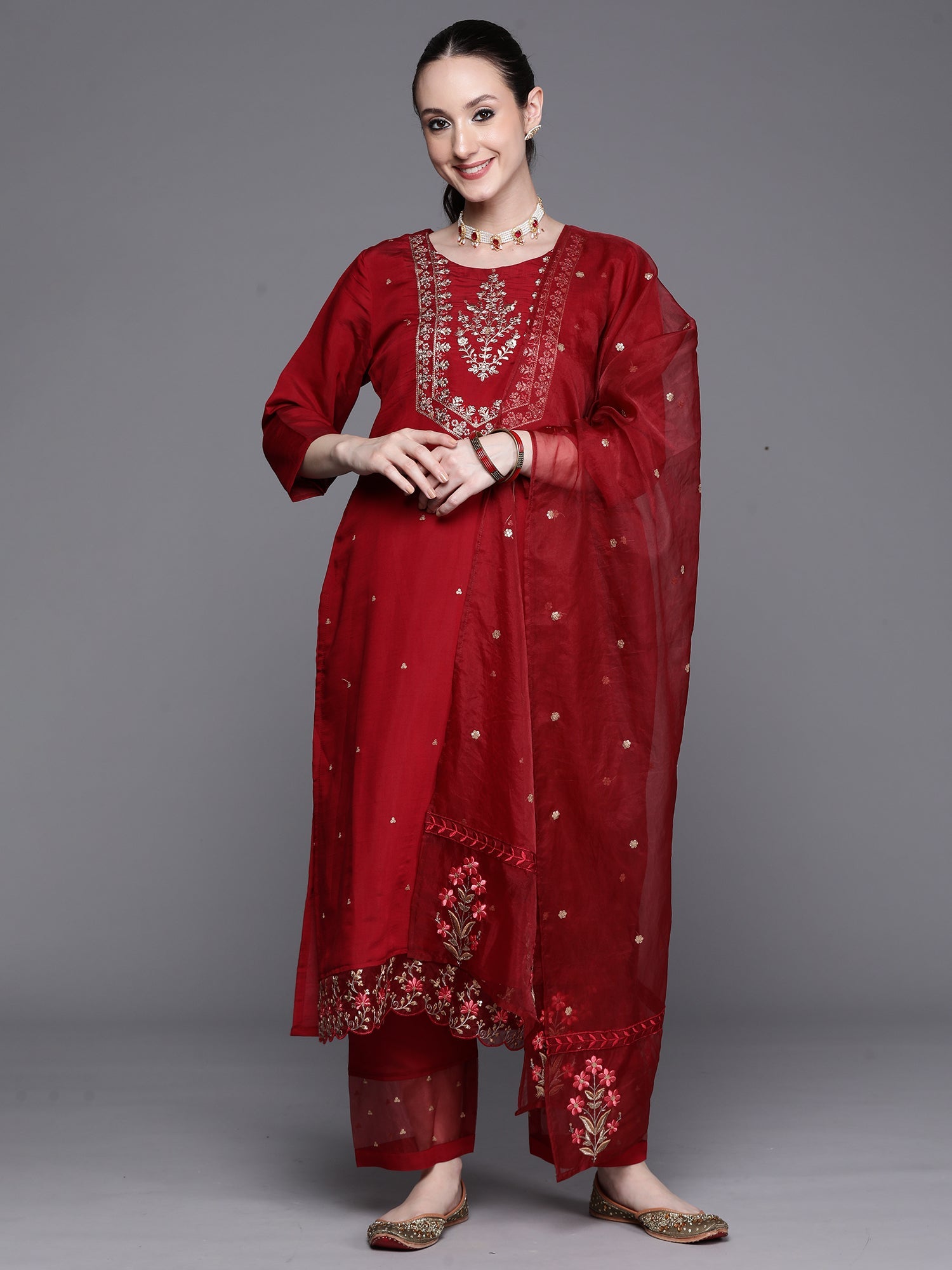 Indo Era Maroon Embroidered Ethnic Straight Kurta Trousers With Dupatta Set | Grocsy