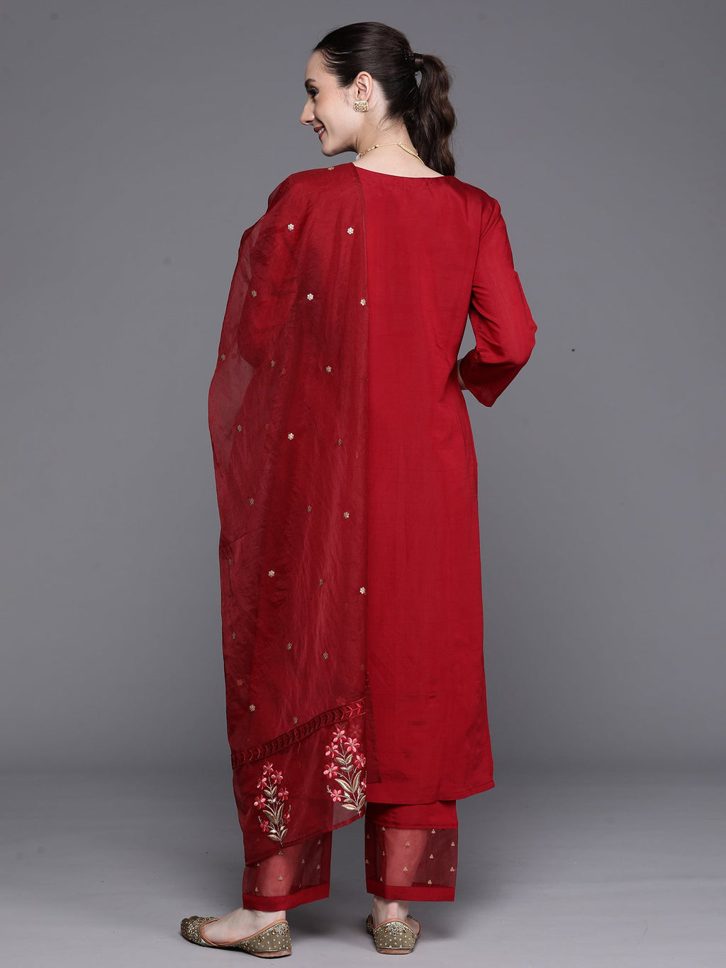 Indo Era Maroon Embroidered Ethnic Straight Kurta Trousers With Dupatta Set | Grocsy