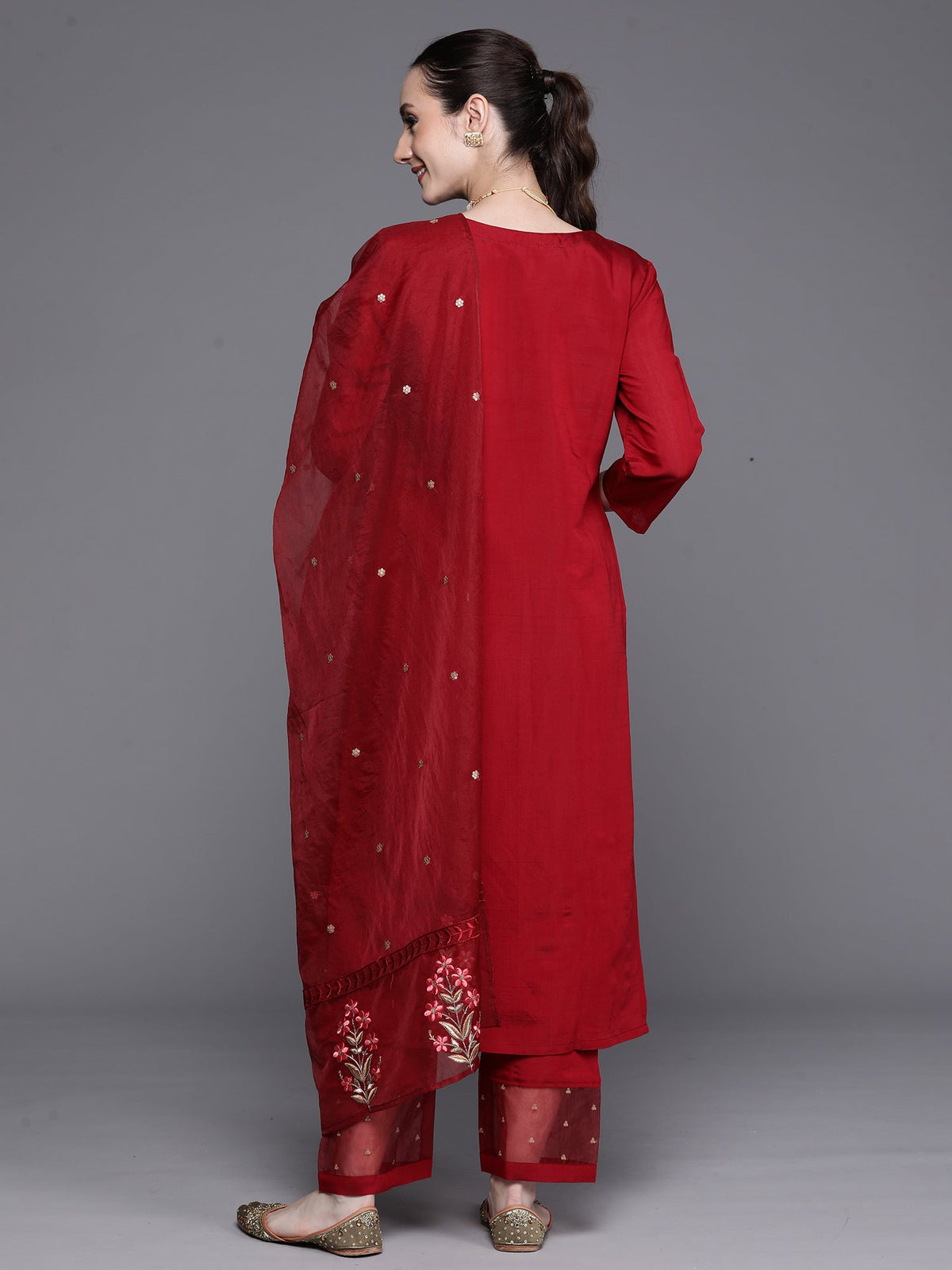 Indo Era Maroon Embroidered Ethnic Straight Kurta Trousers With Dupatta Set | Grocsy