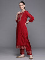 Indo Era Maroon Embroidered Ethnic Straight Kurta Trousers With Dupatta Set | Grocsy