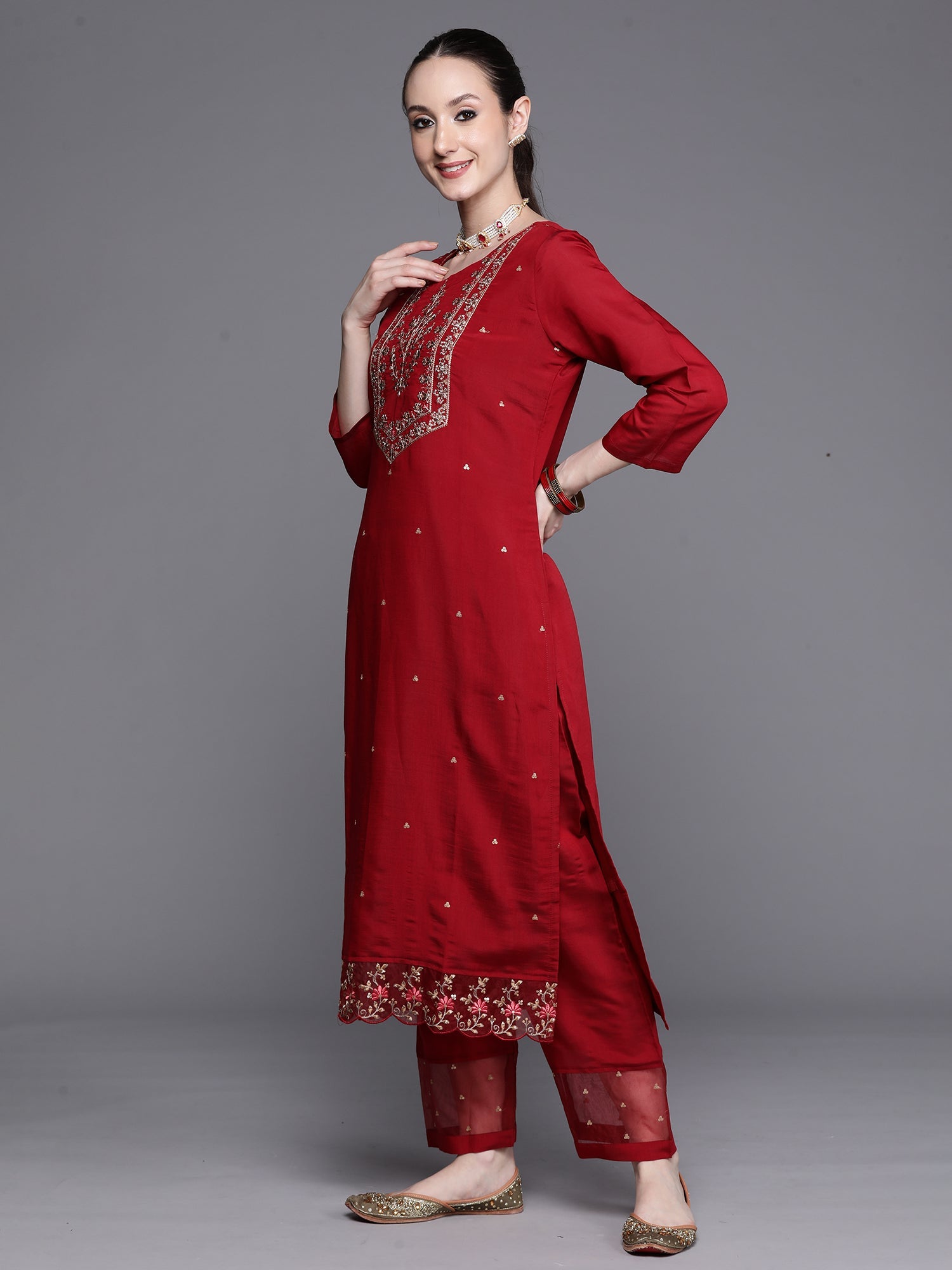Indo Era Maroon Embroidered Ethnic Straight Kurta Trousers With Dupatta Set | Grocsy
