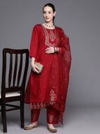Indo Era Maroon Embroidered Ethnic Straight Kurta Trousers With Dupatta Set | Grocsy