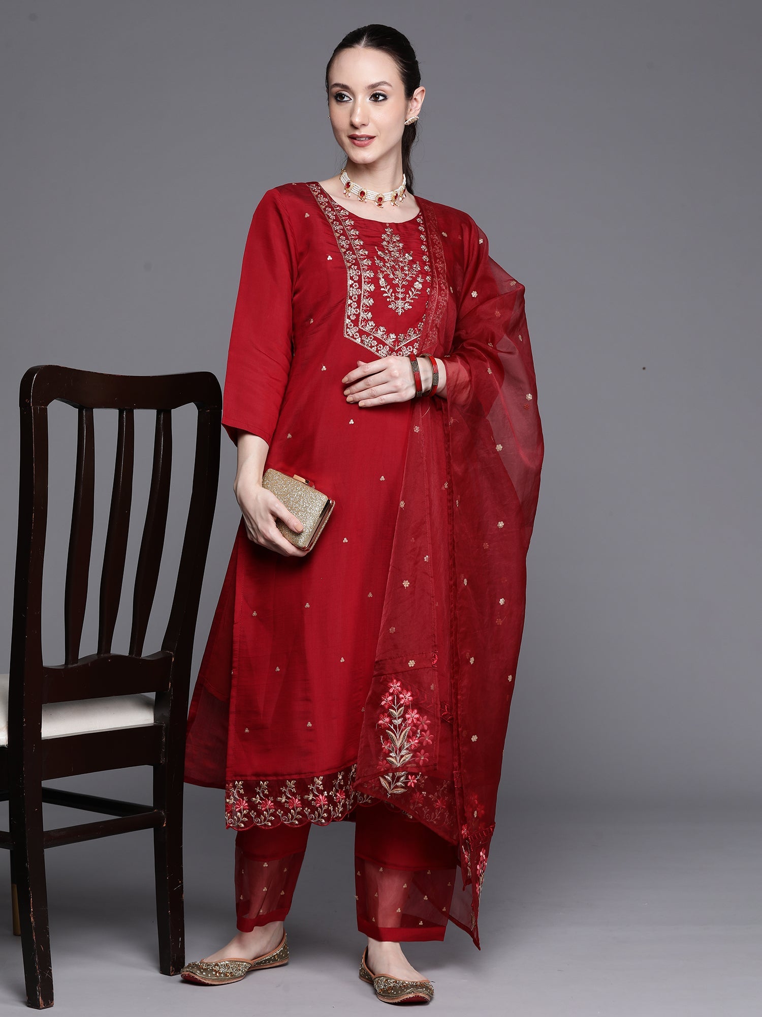 Indo Era Maroon Embroidered Ethnic Straight Kurta Trousers With Dupatta Set | Grocsy