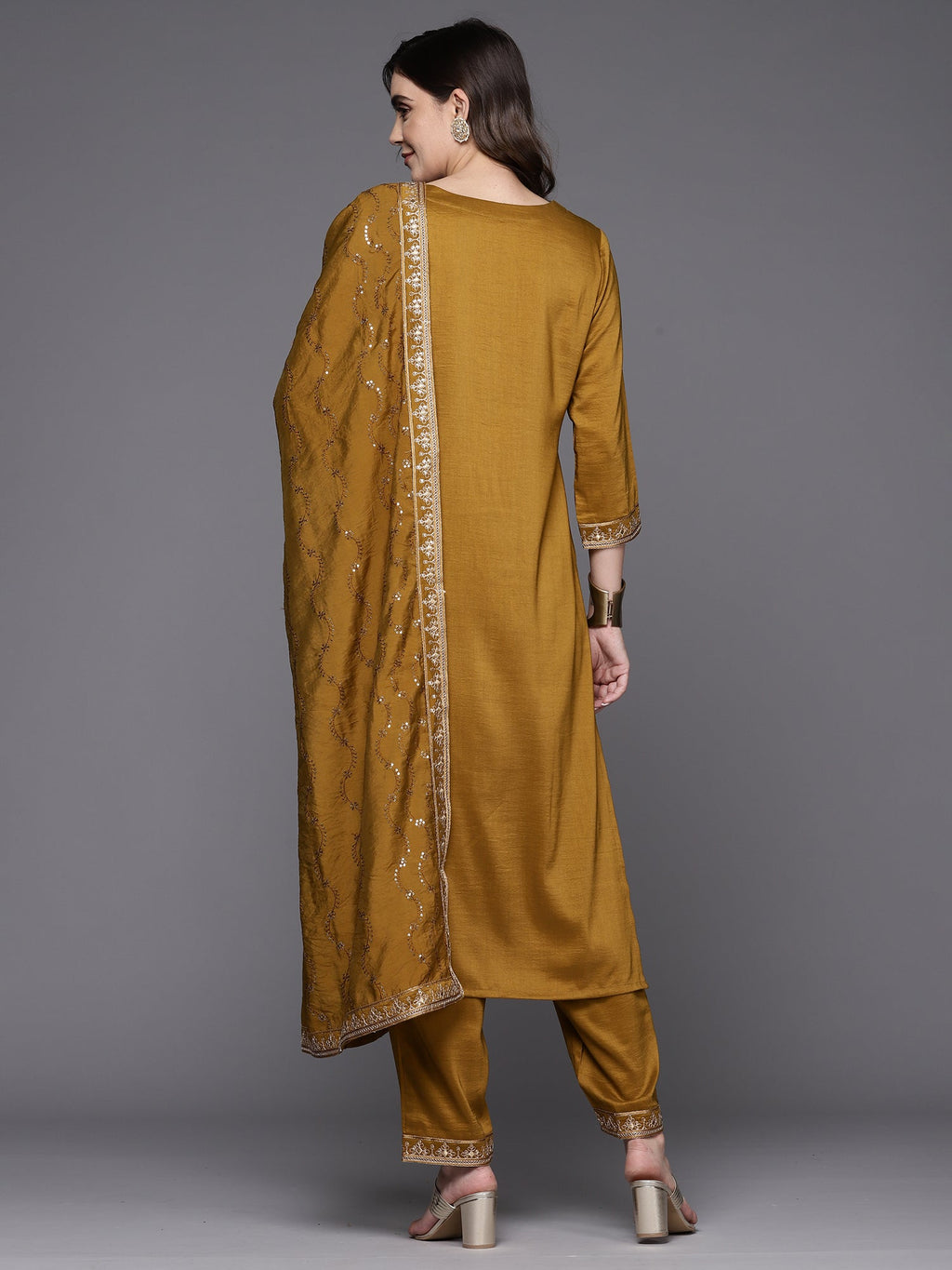 Indo Era Mustard Embroidered Straight Kurta Trousers With Dupatta Set | Grocsy