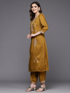 Indo Era Mustard Embroidered Straight Kurta Trousers With Dupatta Set | Grocsy