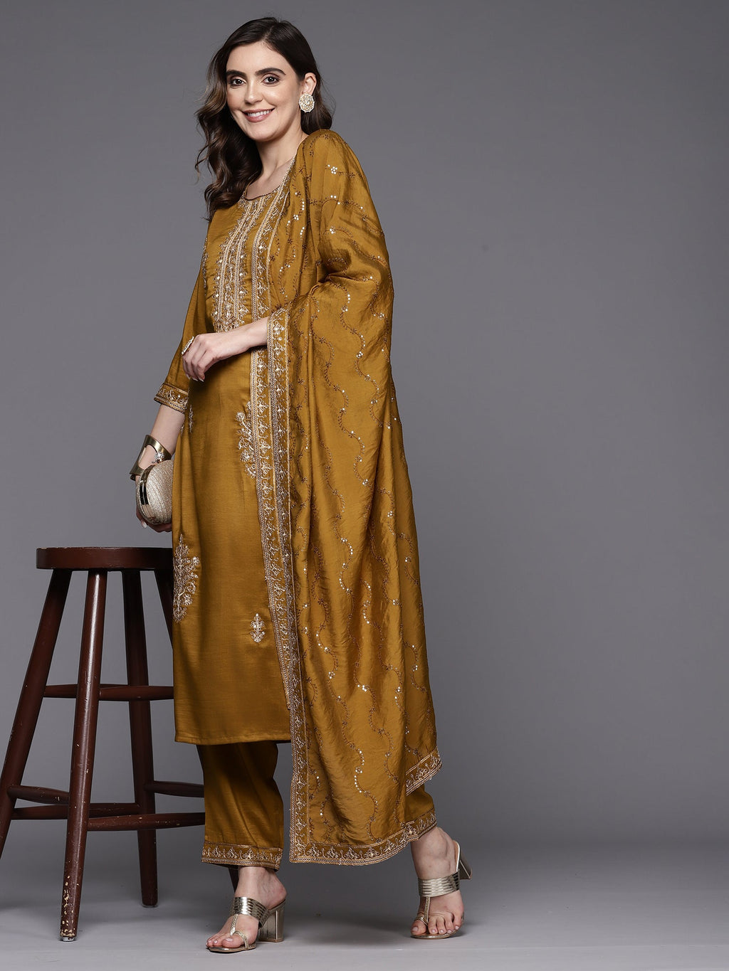 Indo Era Mustard Embroidered Straight Kurta Trousers With Dupatta Set | Grocsy