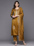 Indo Era Mustard Embroidered Straight Kurta Trousers With Dupatta Set | Grocsy