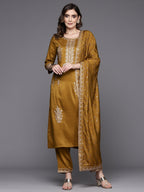 Indo Era Mustard Embroidered Straight Kurta Trousers With Dupatta Set | Grocsy