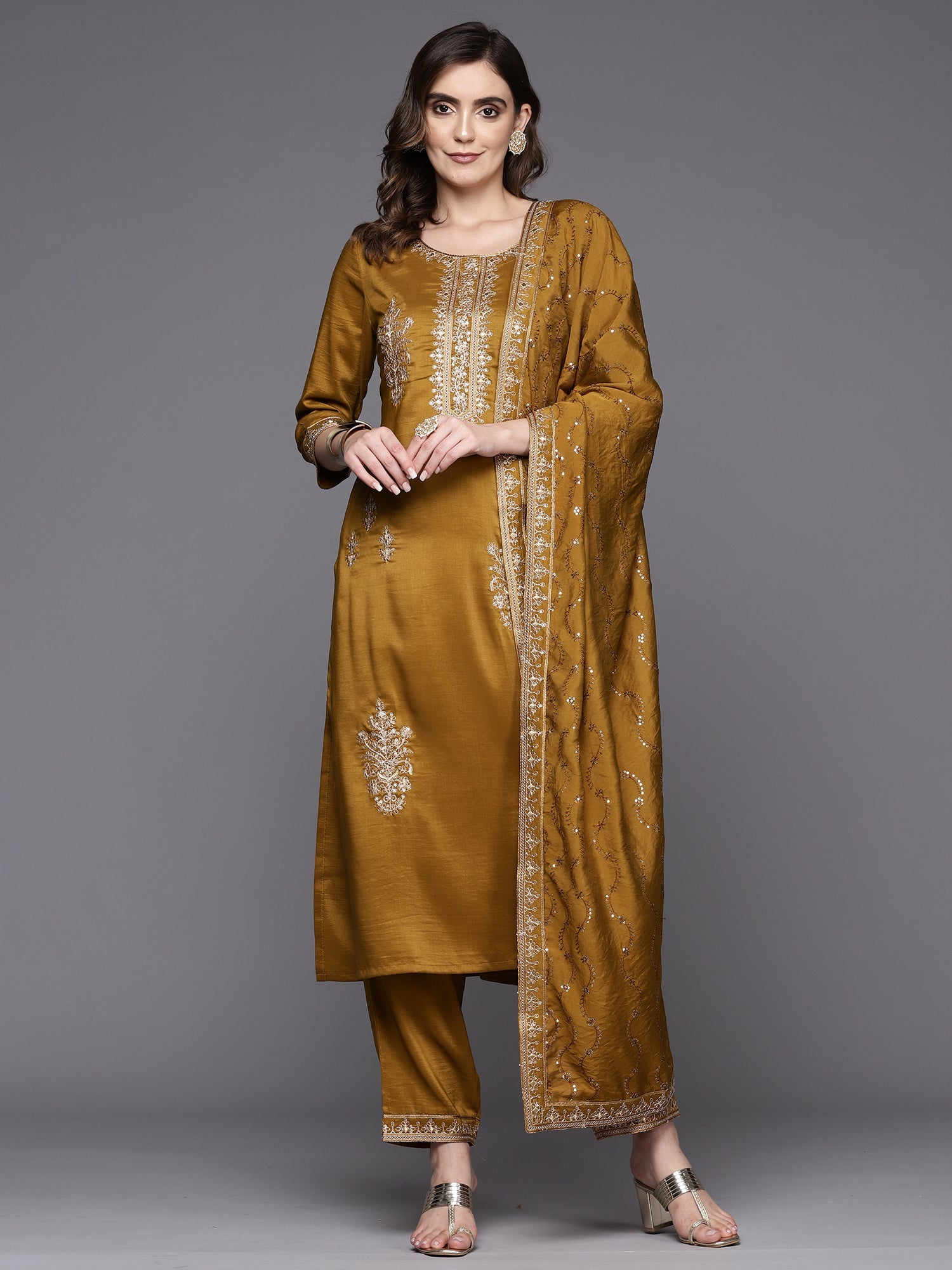 Indo Era Mustard Embroidered Straight Kurta Trousers With Dupatta Set | Grocsy