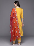 Indo Era Mustard Embroidered Straight Kurta Trousers With Dupatta Set | Grocsy