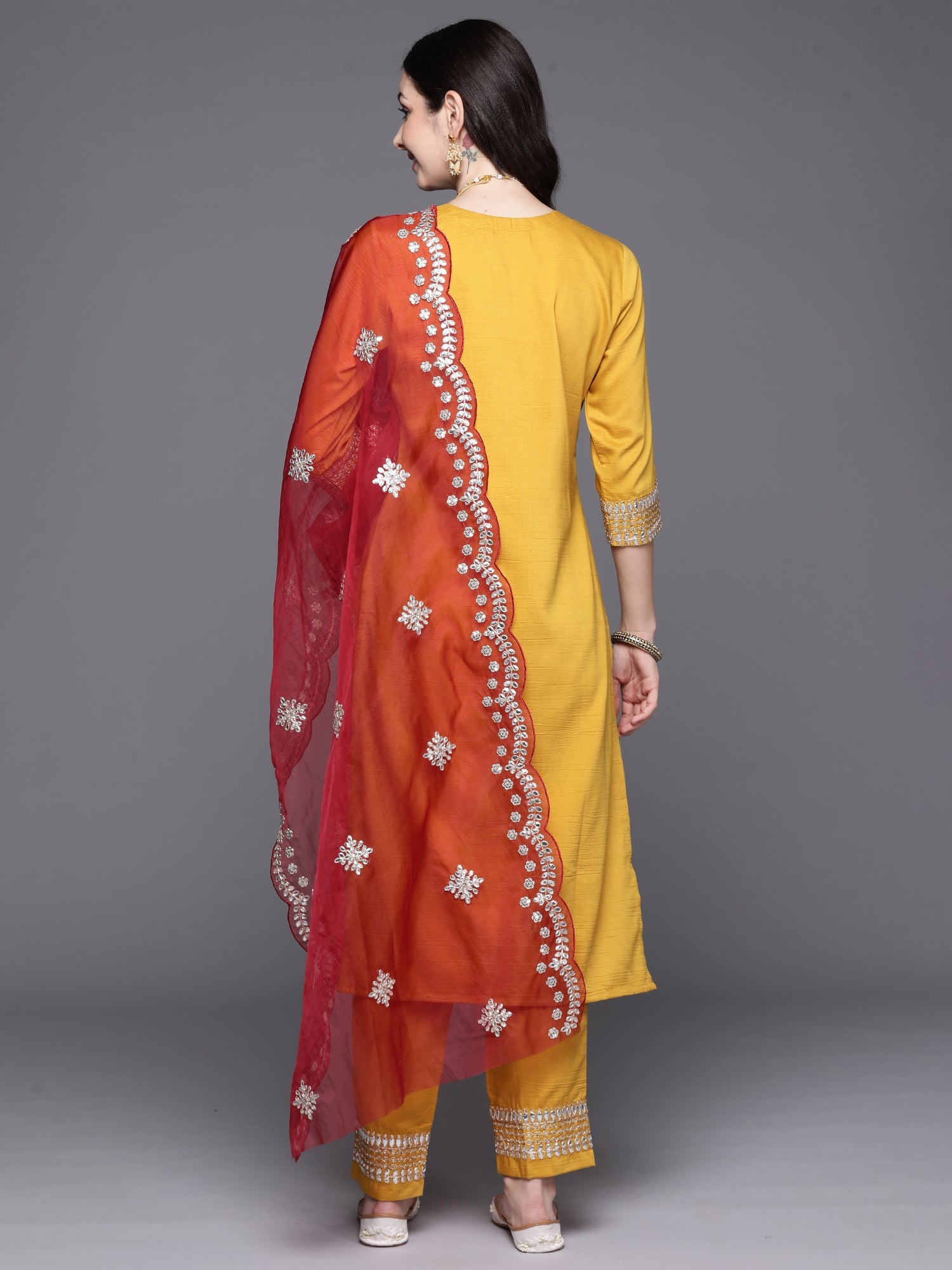 Indo Era Mustard Embroidered Straight Kurta Trousers With Dupatta Set | Grocsy