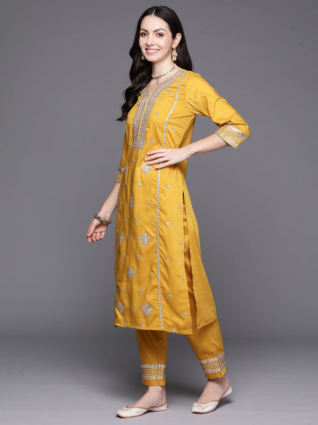 Indo Era Mustard Embroidered Straight Kurta Trousers With Dupatta Set | Grocsy