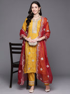Indo Era Mustard Embroidered Straight Kurta Trousers With Dupatta Set | Grocsy