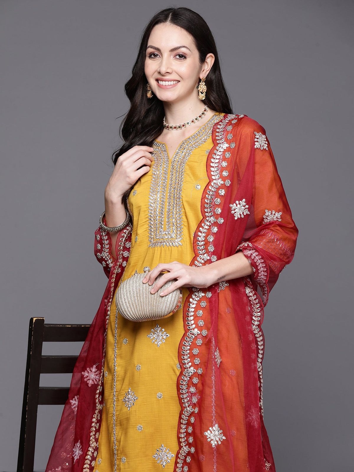 Indo Era Mustard Embroidered Straight Kurta Trousers With Dupatta Set | Grocsy