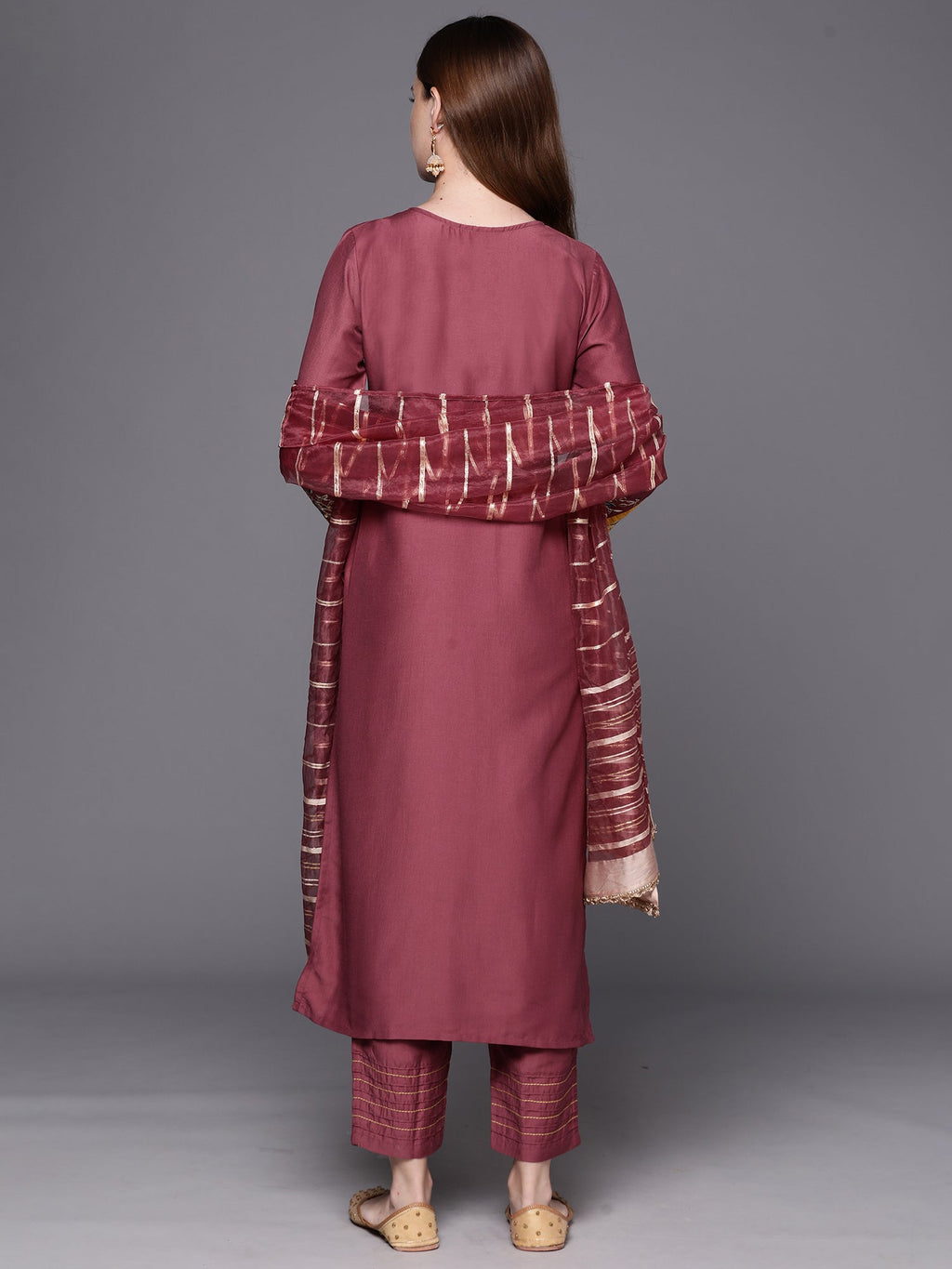 Indo Era Mauve Embroidered Straight Kurta Trousers With Dupatta Set | Grocsy