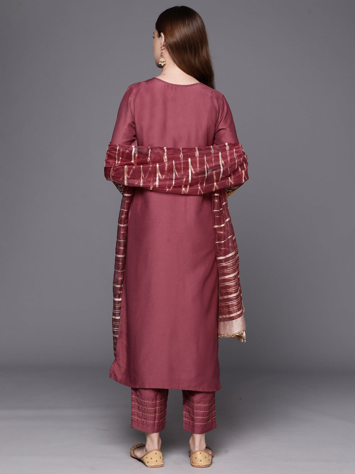 Indo Era Mauve Embroidered Straight Kurta Trousers With Dupatta Set | Grocsy