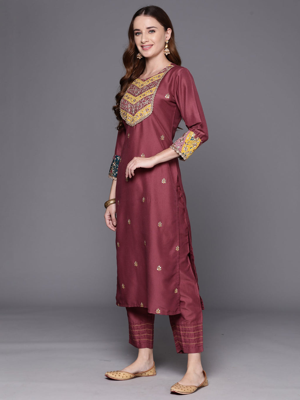 Indo Era Mauve Embroidered Straight Kurta Trousers With Dupatta Set | Grocsy