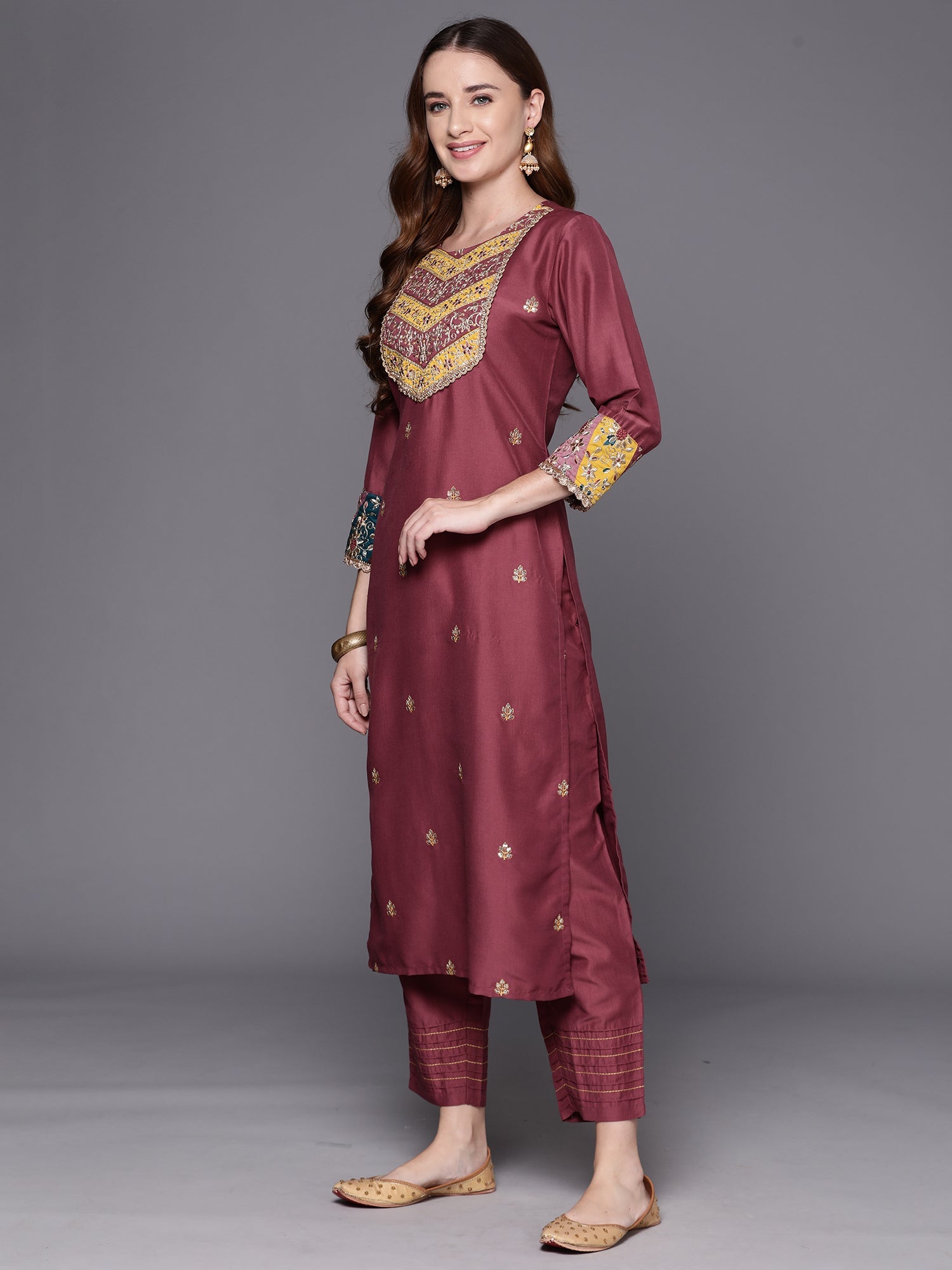 Indo Era Mauve Embroidered Straight Kurta Trousers With Dupatta Set | Grocsy