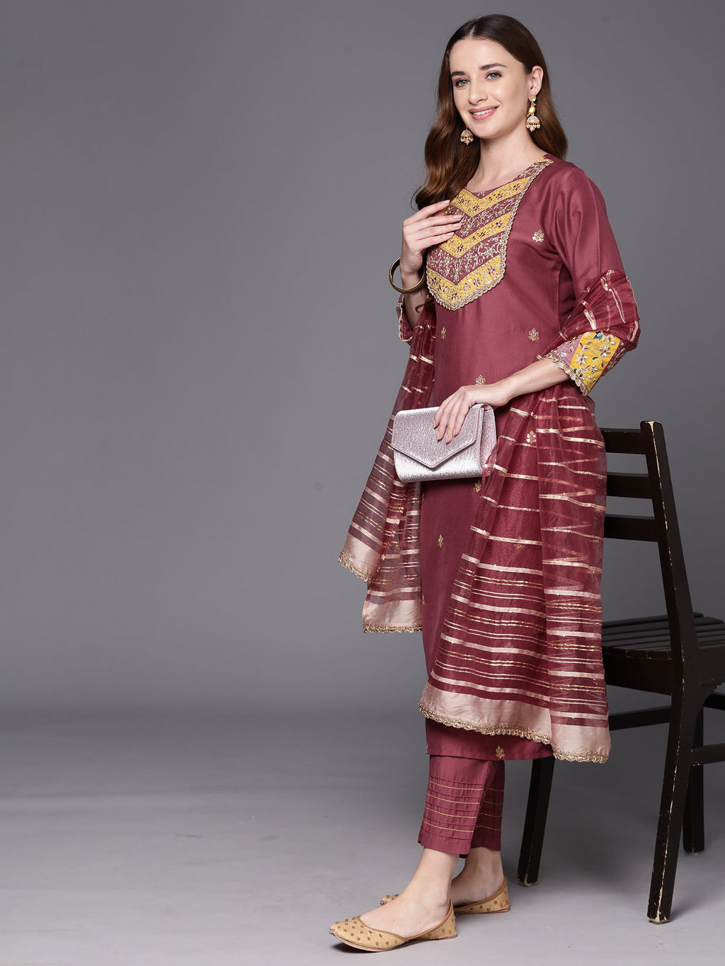 Indo Era Mauve Embroidered Straight Kurta Trousers With Dupatta Set | Grocsy