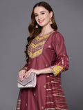 Indo Era Mauve Embroidered Straight Kurta Trousers With Dupatta Set | Grocsy