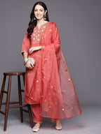 Indo Era Orange Embroidered Straight Kurta Trousers With Dupatta Set | Grocsy