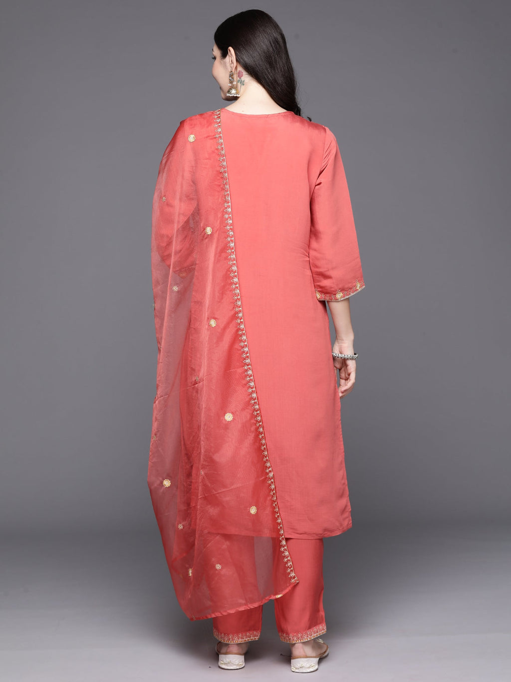 Indo Era Orange Embroidered Straight Kurta Trousers With Dupatta Set | Grocsy