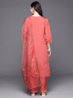 Indo Era Orange Embroidered Straight Kurta Trousers With Dupatta Set | Grocsy