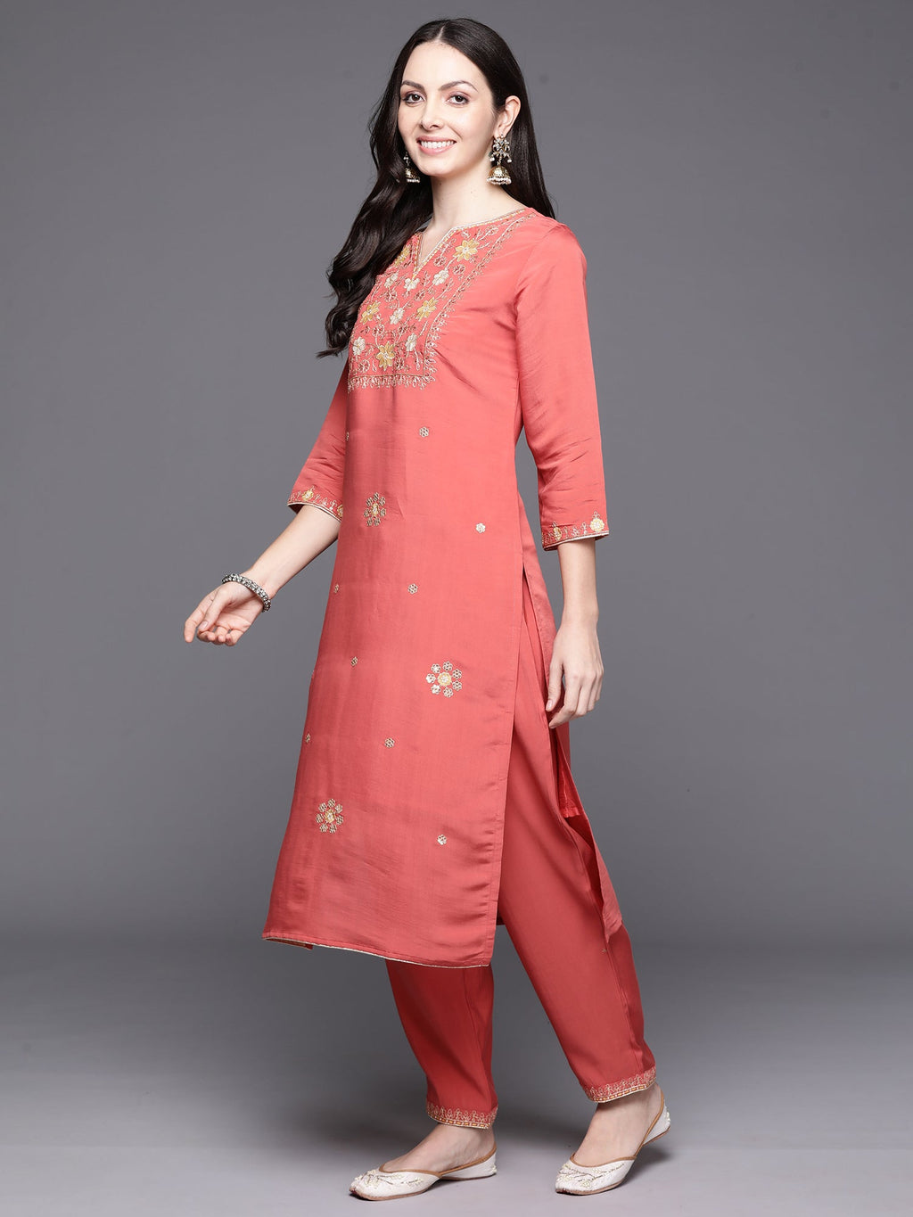Indo Era Orange Embroidered Straight Kurta Trousers With Dupatta Set | Grocsy