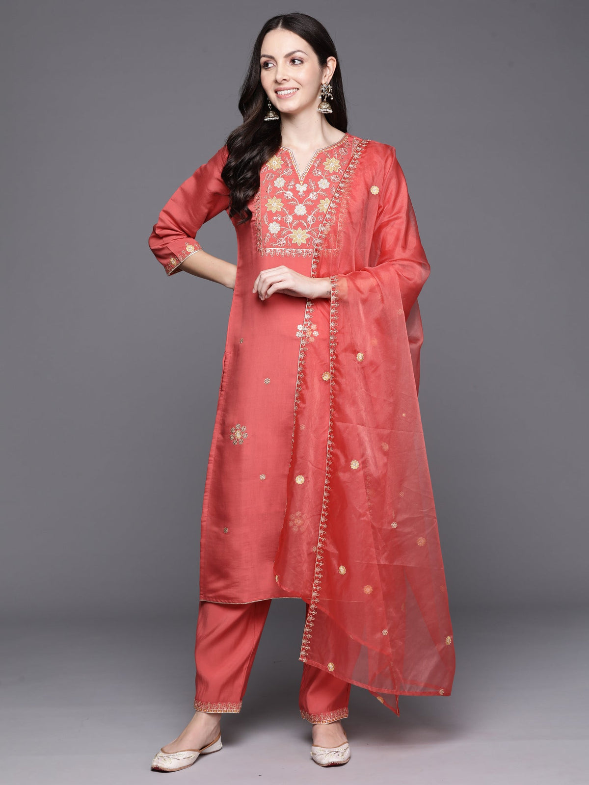 Indo Era Orange Embroidered Straight Kurta Trousers With Dupatta Set | Grocsy