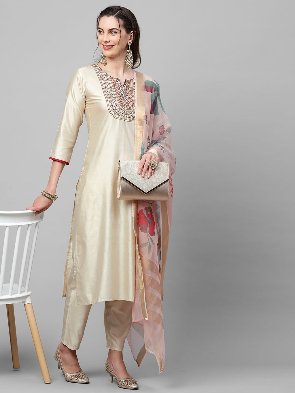 Indo Era Off White Embroidered Straight Kurta Trouser With Dupatta Set | Grocsy