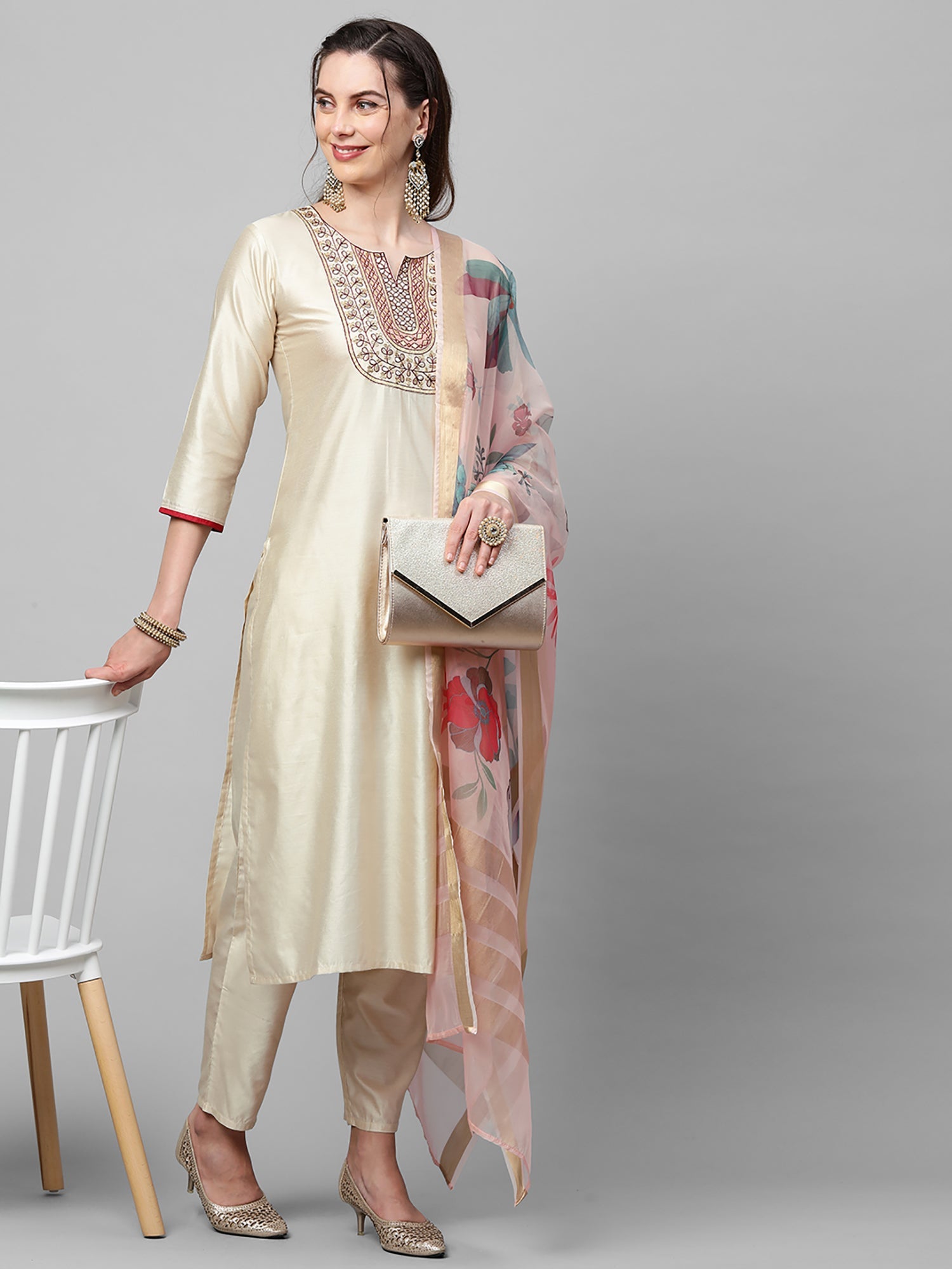Indo Era Off White Embroidered Straight Kurta Trouser With Dupatta Set | Grocsy