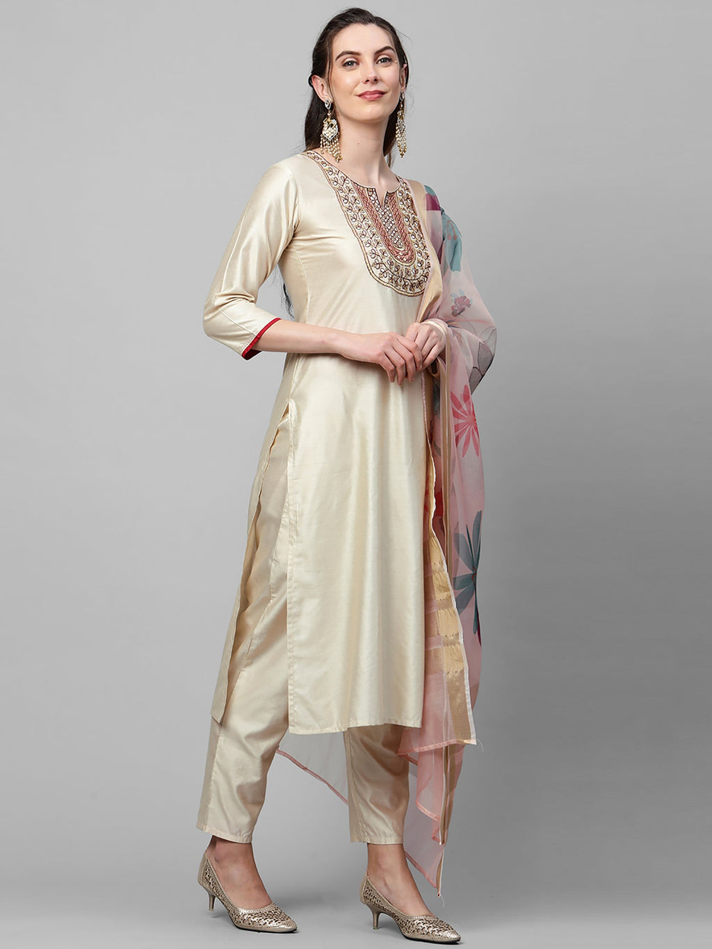Indo Era Off White Embroidered Straight Kurta Trouser With Dupatta Set | Grocsy