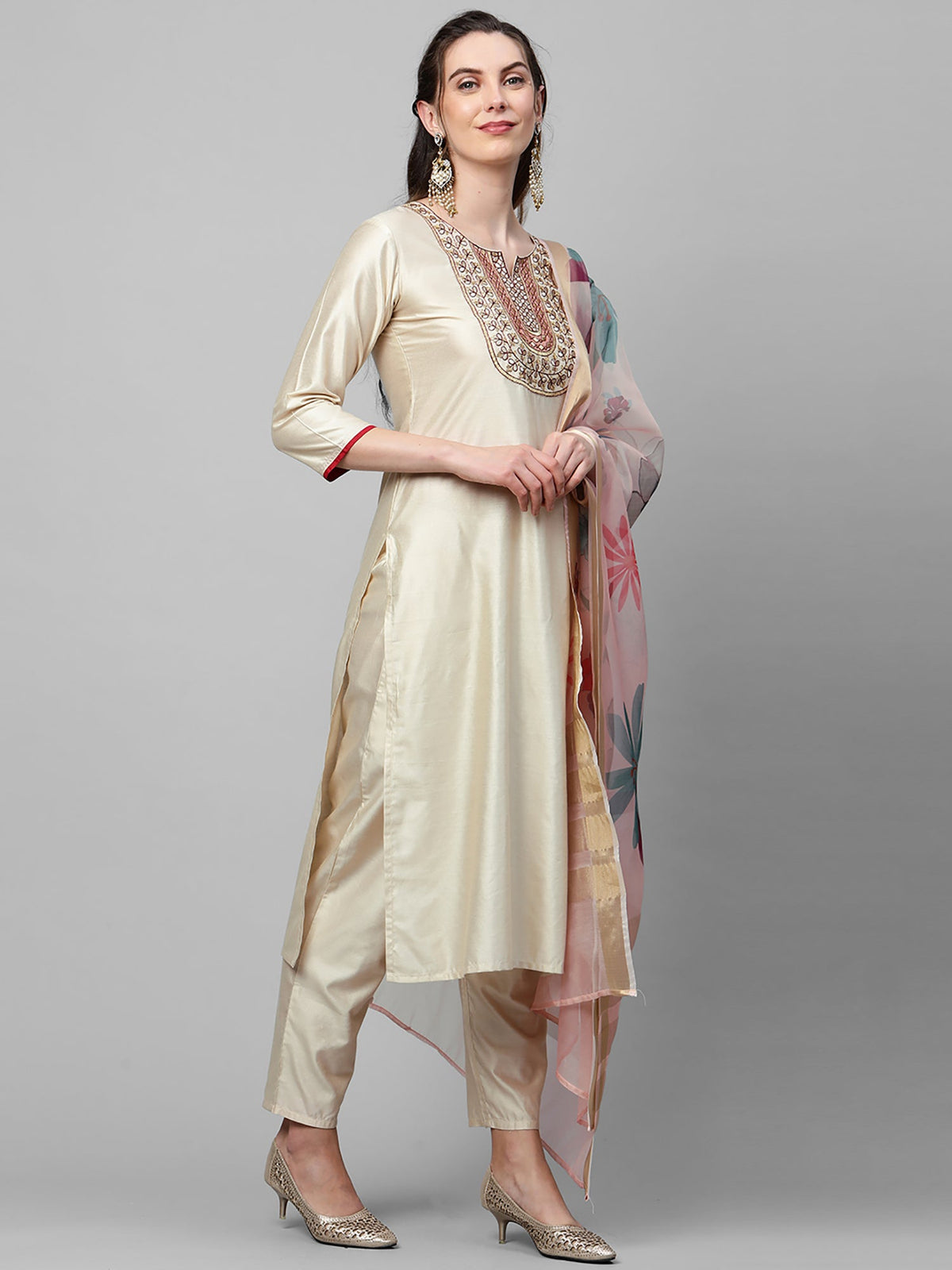 Indo Era Off White Embroidered Straight Kurta Trouser With Dupatta Set | Grocsy