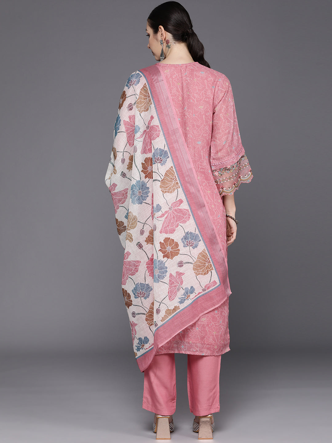 Indo Era Peach Embroidered Straight Kurta Trousers With Dupatta Set | Grocsy