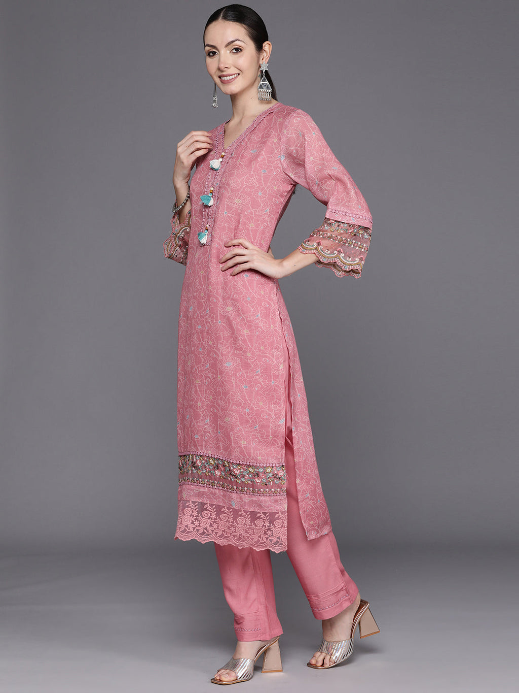 Indo Era Peach Embroidered Straight Kurta Trousers With Dupatta Set | Grocsy