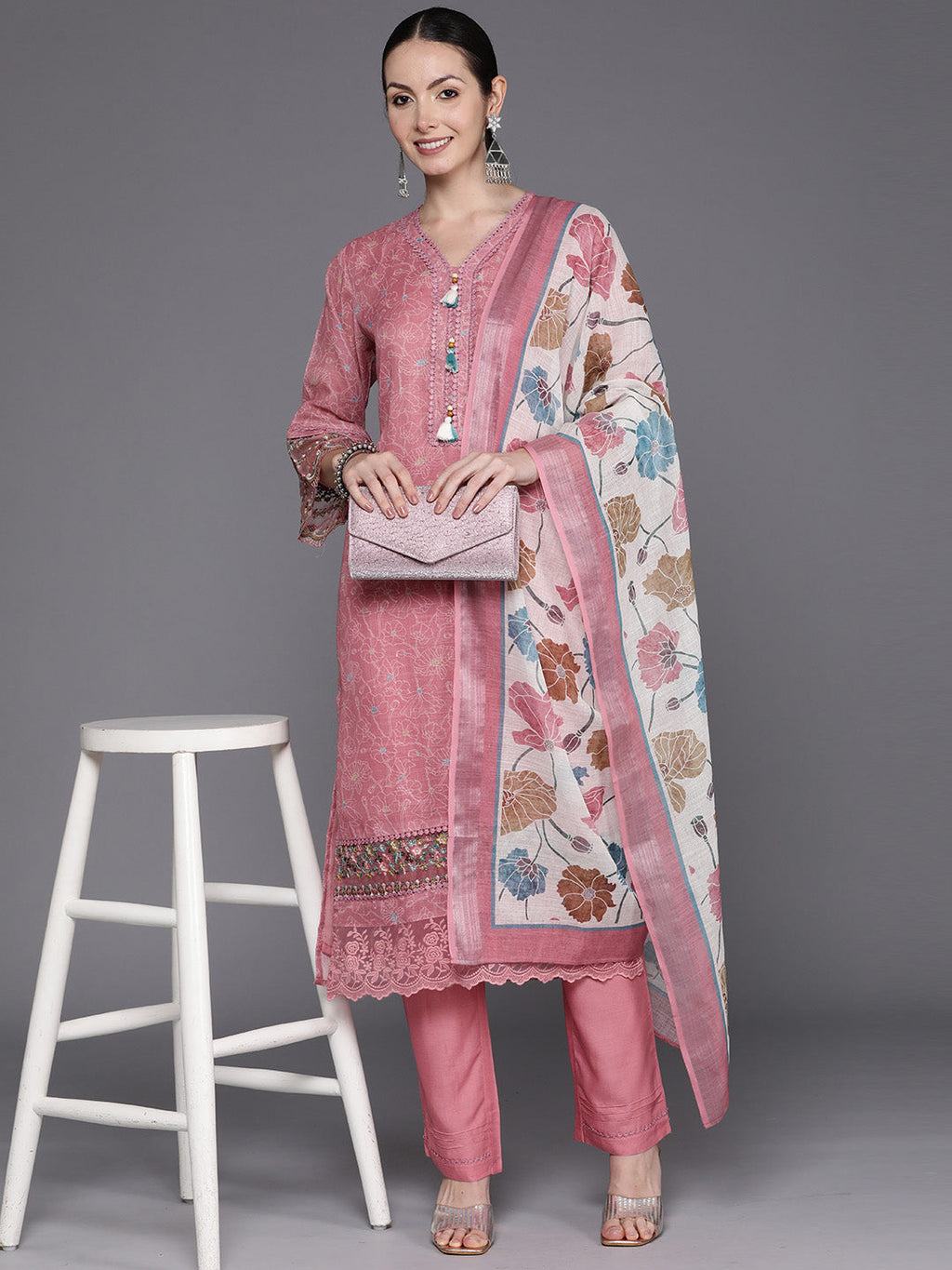 Indo Era Peach Embroidered Straight Kurta Trousers With Dupatta Set | Grocsy