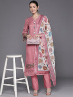 Indo Era Peach Embroidered Straight Kurta Trousers With Dupatta Set | Grocsy