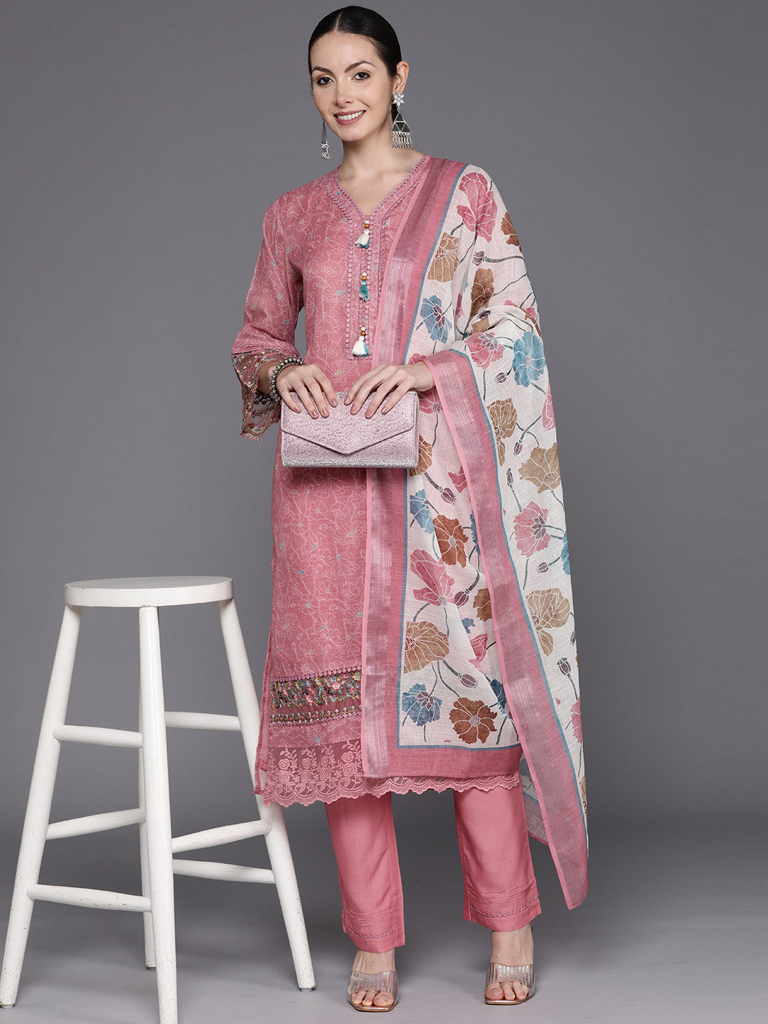 Indo Era Peach Embroidered Straight Kurta Trousers With Dupatta Set | Grocsy