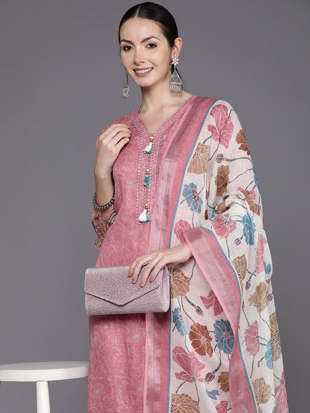 Indo Era Peach Embroidered Straight Kurta Trousers With Dupatta Set | Grocsy