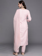 Indo Era Pink Embroidered Straight Kurta Trousers With Dupatta Set | Grocsy