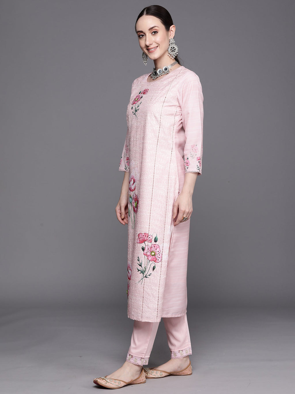 Indo Era Pink Embroidered Straight Kurta Trousers With Dupatta Set | Grocsy
