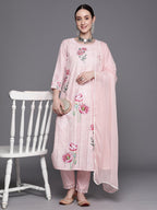 Indo Era Pink Embroidered Straight Kurta Trousers With Dupatta Set | Grocsy