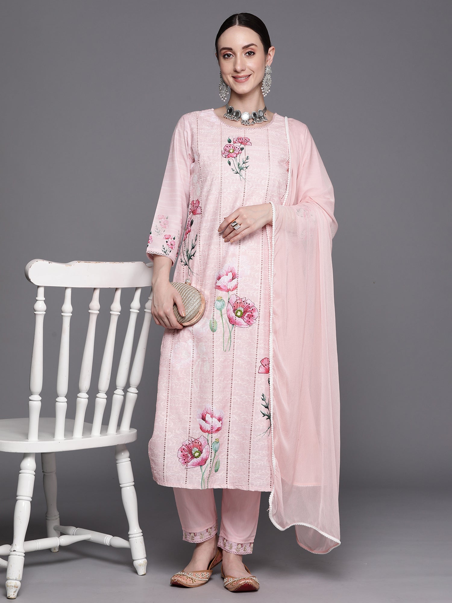 Indo Era Pink Embroidered Straight Kurta Trousers With Dupatta Set | Grocsy