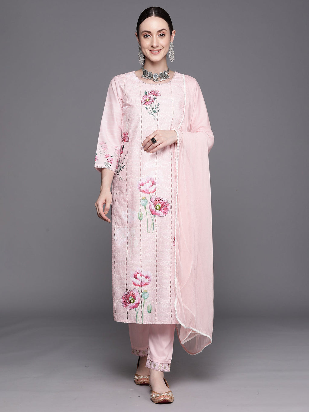 Indo Era Pink Embroidered Straight Kurta Trousers With Dupatta Set | Grocsy