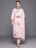 Indo Era Pink Embroidered Straight Kurta Trousers With Dupatta Set | Grocsy