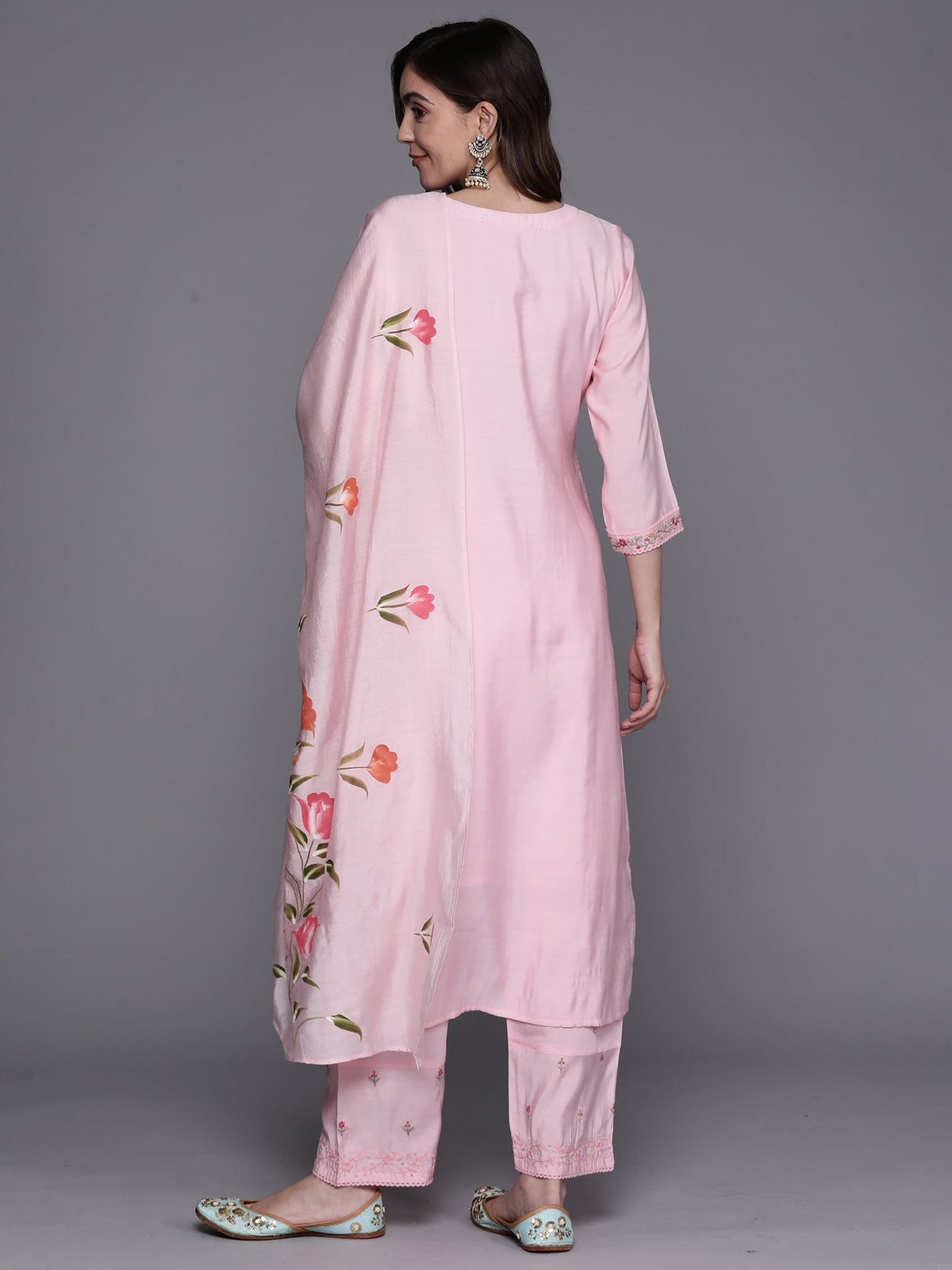 Indo Era Pink Embroidered Straight Kurta Trousers With Dupatta Set | Grocsy